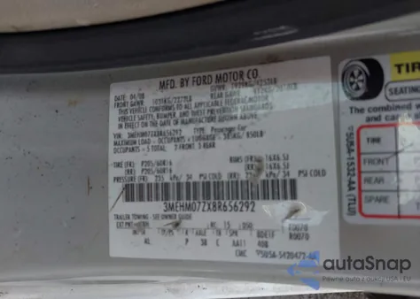 2008 Mercury Milan I4 from USA, damaged, VIN 3MEHM07ZX8R656292